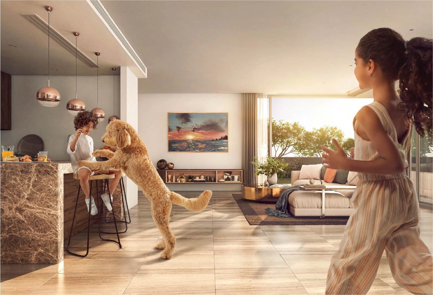 Spacious family room with modern furnishings in The Dunes Saadiyat Reserve